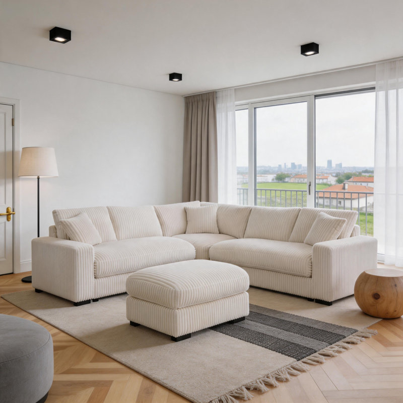 Burwell 99" 4 - Piece L-Shaped Corner Sectional Sofa with Multifunctional Ottoman, Light Beige Corduroy