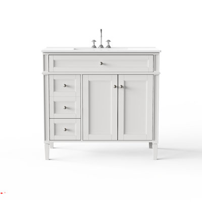 36'' Single Solid Wood Construction Bathroom Vanity With Ceramics Top, 2 Power Outlets, 1 Usb Port, And 1 Tybe C Port