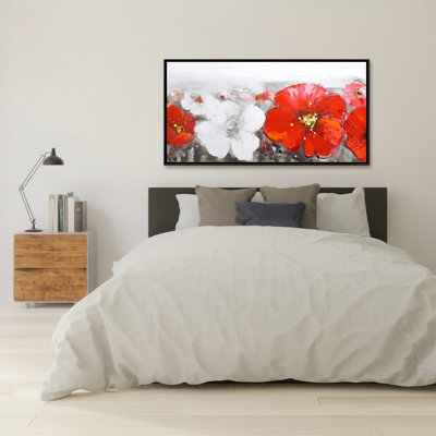 Gray Field with Red Flowers - Contemporary Floral Canvas Decor