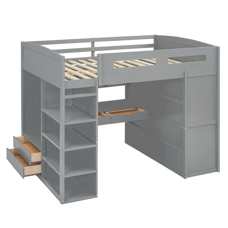 Lit mezzanine en bois avec bureau, lit mezzanine avec placards et 4 tiroirs pour la chambre à coucher, Gris, Lit double
