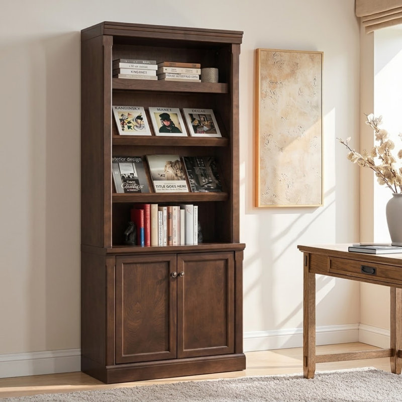 Bibliothèque Connie de style transitionnel, 198 cm (78 po) de hauteur, en bois massif, avec étagères ouvertes réglables et armoire de rangement.