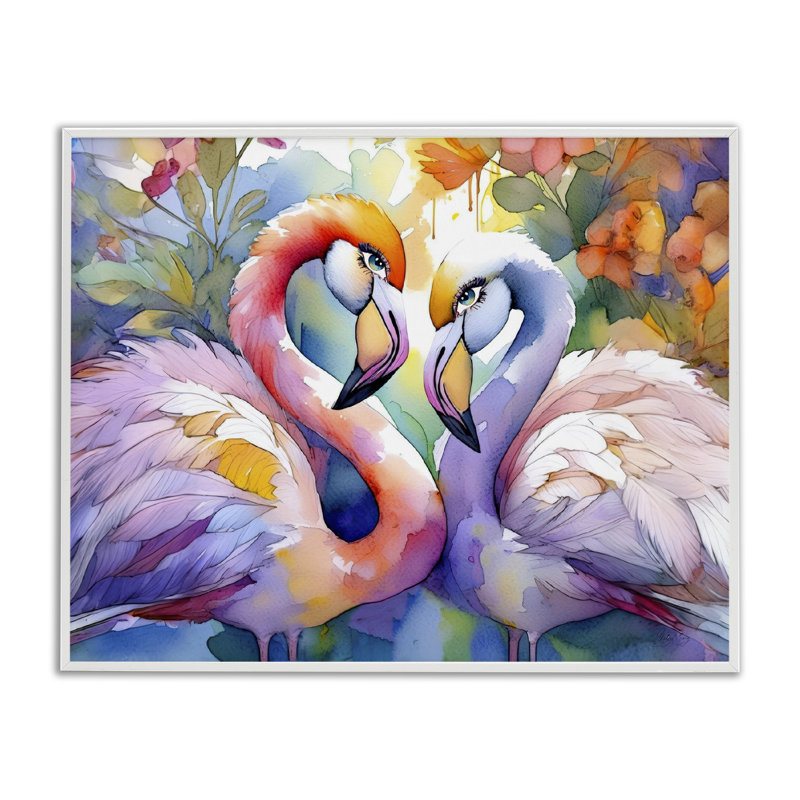 Flamant rose, paire d'amour encadrée, design par Shelly Craig, Encadrement giclée blanc côtier, H 11 po x l 14 po