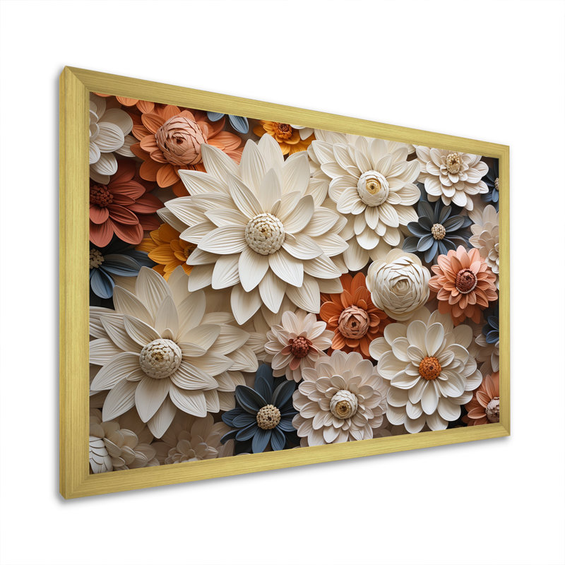 Minimalisme beige, collage Zinnias sur toile, Cadre doré simple, H 12 po x l 20 po x P 1 po