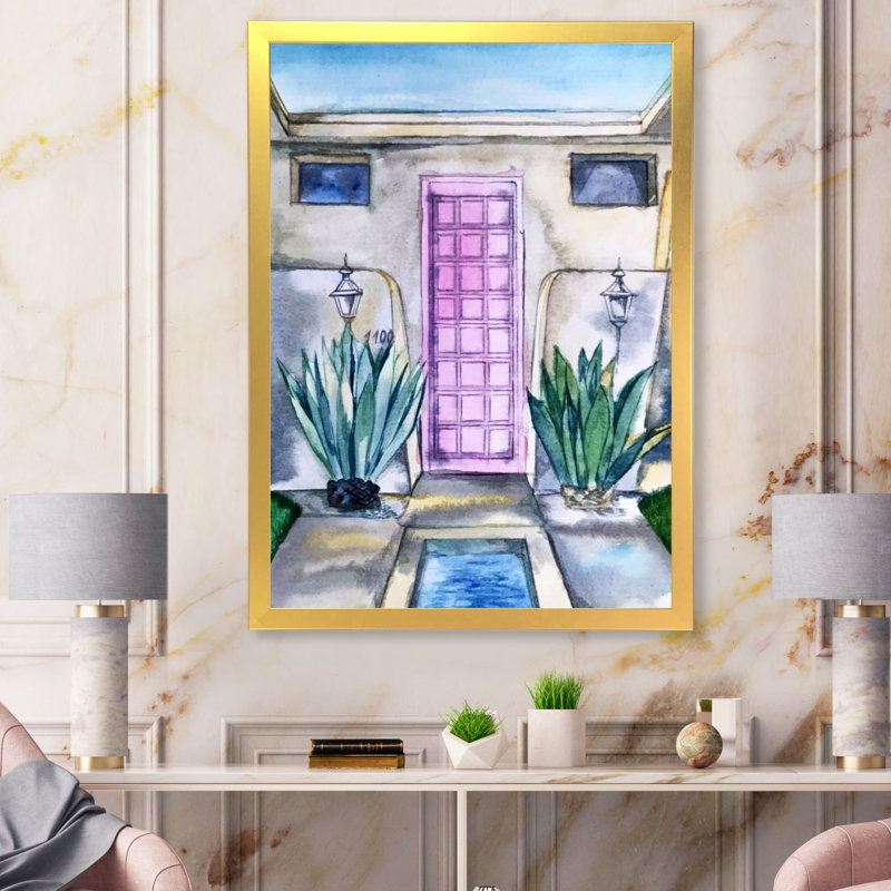 Porte rose de la maison tropicale - Peinture sur toile, H 20 po x l 12 po, Toile à cadre d'angle fermé doré