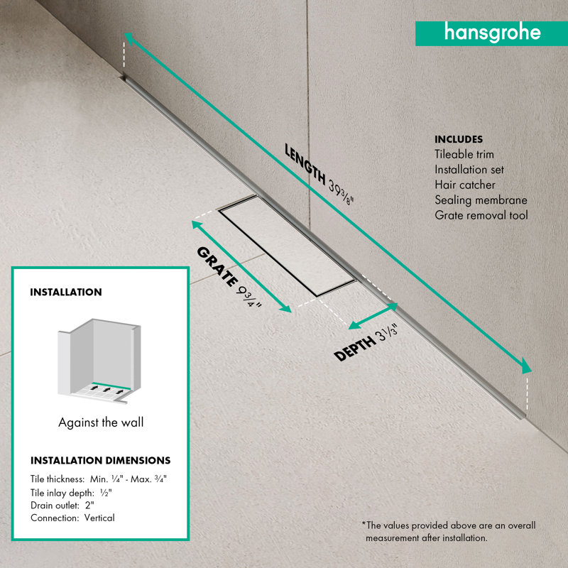 hansgrohe RainDrain Minimalistic Complete Set 2", 39 3/8" Trim and Installation Set