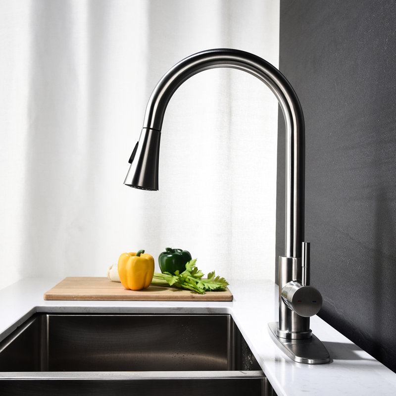 Pull Out Kitchen Faucet - 360 Rotating High Arc Nozzle, Single Lever For Convenient Water Management, Brushed Nickel Finish On Stainless Steel, Dirt Surface, Aerated With Reduced Splash And Impact