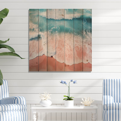Blue And Pink Beach Aerial View II - Beach On Wood Print