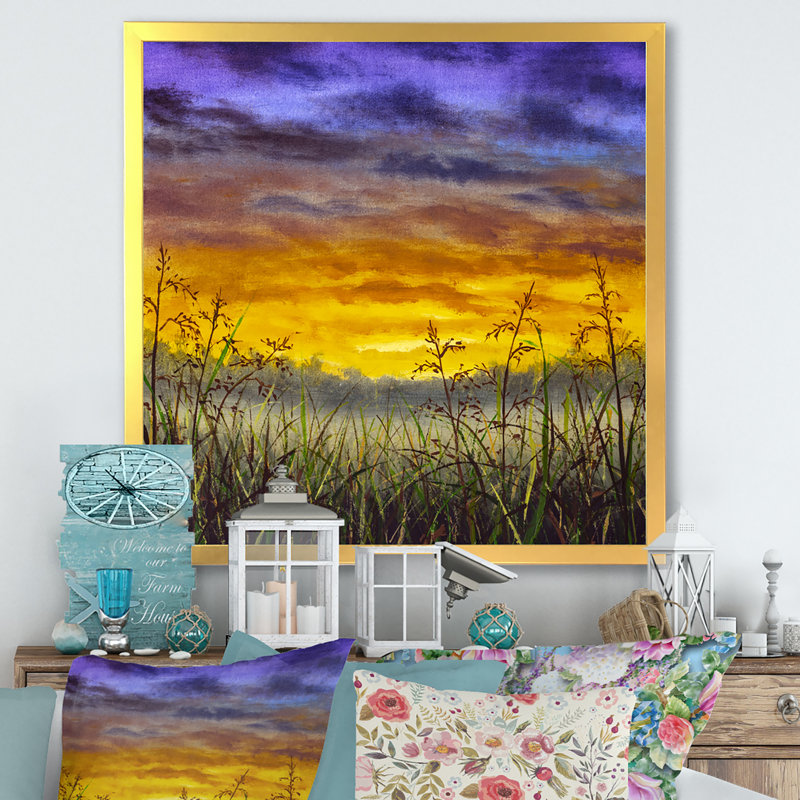 Coucher de soleil sur un champ d'herbe - Peinture, L 36 po x H 36 po, Impression dorée sur toile encadrée