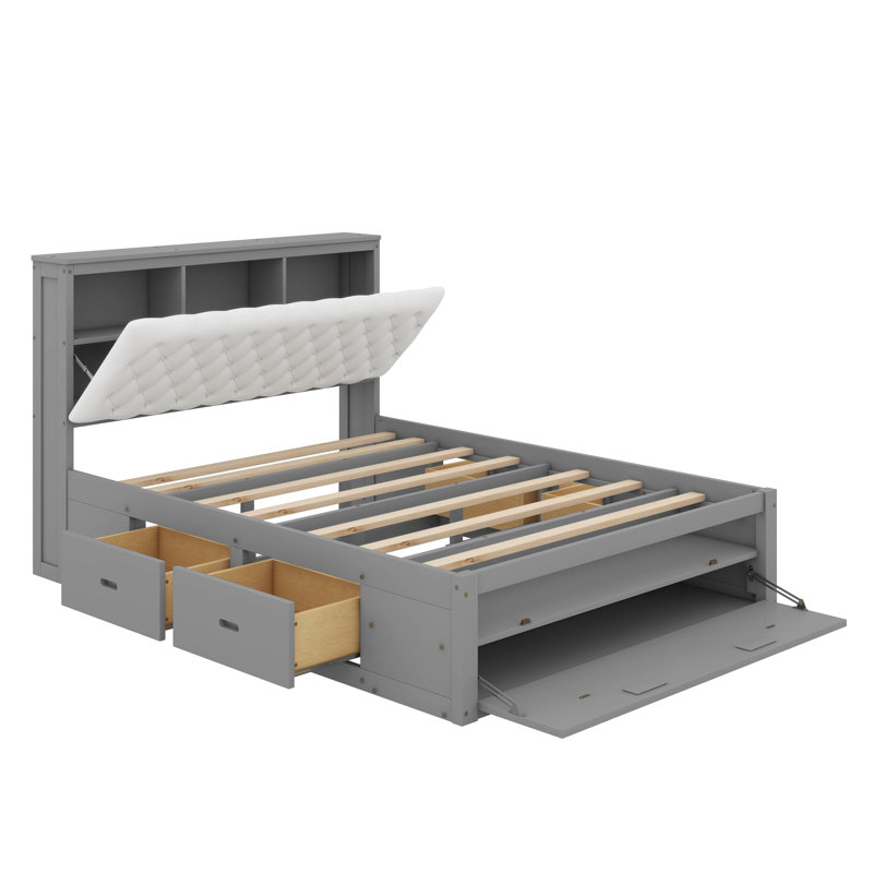 Queen Size Platform Bed With Storage Headboard, Shoe Rack And Drawers, Gris