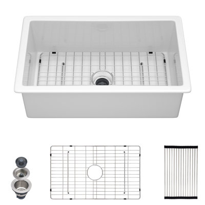 32" Fireclay Kitchen Sink Undermount/Drop-In Dual Mount Single Bowl Kitchen Sink White Deep Bowl Kitchen Sink with Bottom Grid and Basket Strainer