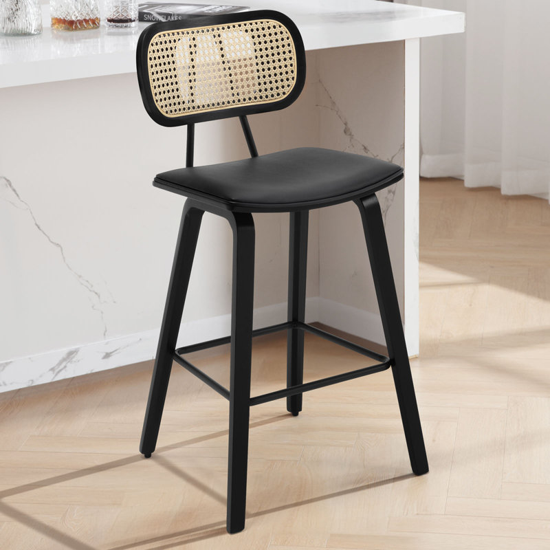 26" Upholstered Rattan Back Counter Height Bar Stools, 3, Black