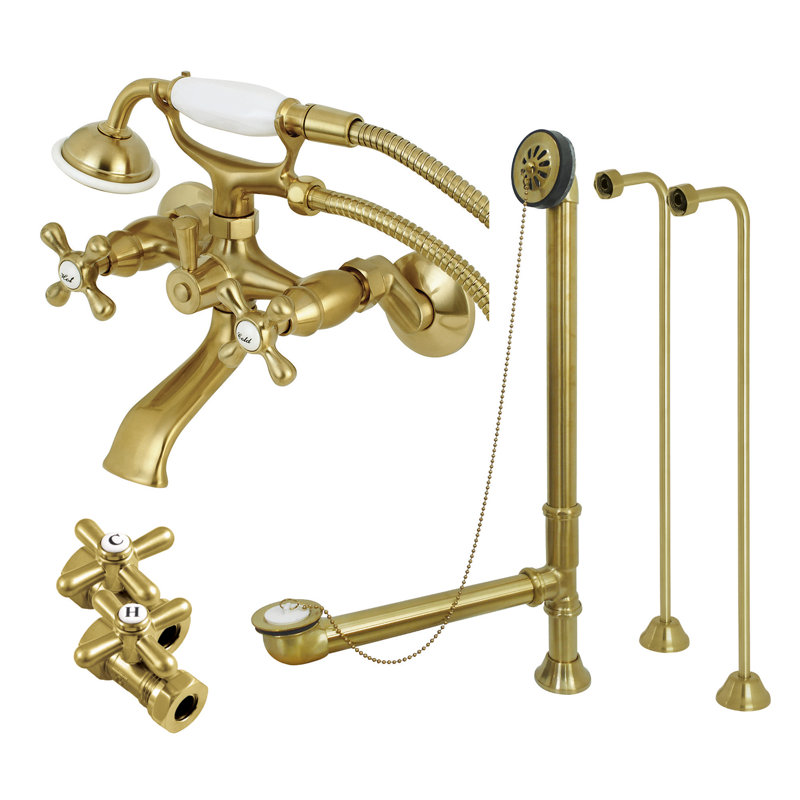 Kingston Brass Vintage Two-Handle 2-Hole Tub Wall Mount Clawfoot Tub Faucet Package with Supply Line, Hand Shower and Tub Drain