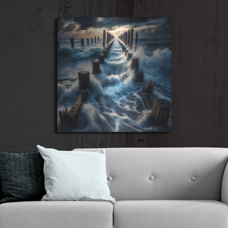 «Dramatic Waves Over Pier» par Rey Klimt, art mural en métal