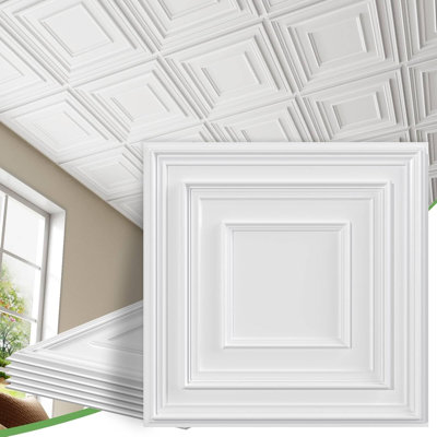 LooYee 24 PCS 24 X 24 Inch Drop Ceiling Tiles, 2Ft X 2Ft PVC 3D Decorative Ceiling Panels, Waterproof Washable Plastic Ideal for Living Room Garage Basement Bedroom Cover 96 Sq. Ft White