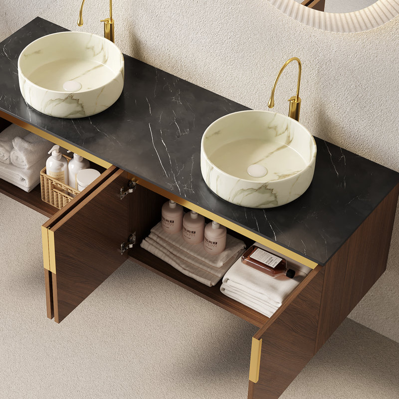 Meuble-lavabo mural en contreplaqué avec comptoir en pierre frittée noire et lavabo et portes ronds en céramique, couleur grain de bois chêne brun