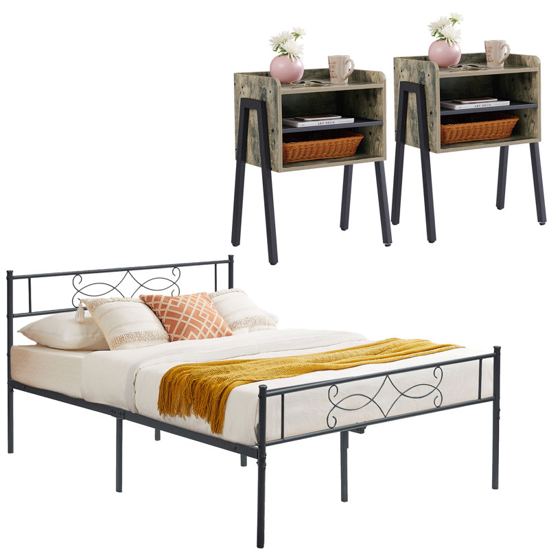Ensemble de lit et table de chevet 3 pièces Alsa, Grand, Grey