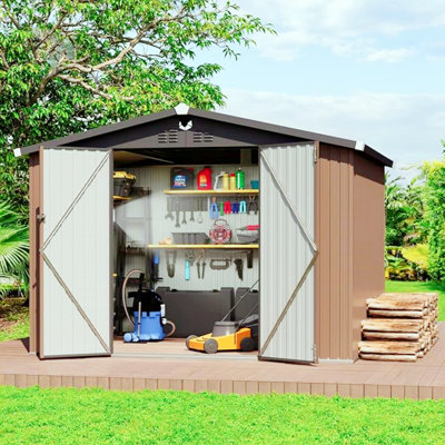 Remise de rangement extérieure 120 po x 96 po, abri de jardin en métal, brun