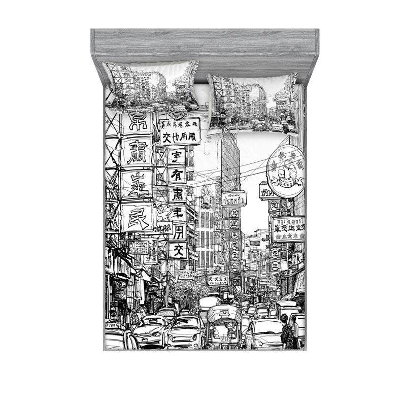 Ensemble de draps Street with Signs in Chinatown, Ensemble de drap pour grand lit avec drap-housse
