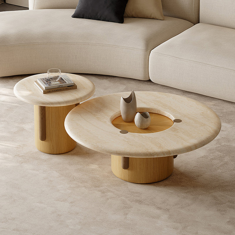 Compact Marble Coffee Table with Wood Legs