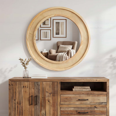 Natural Wood 24 Inch Rattan Round Wood Frame Decorative Wall Mirror, Perfect for Farmhouse and Coastal Home Decor