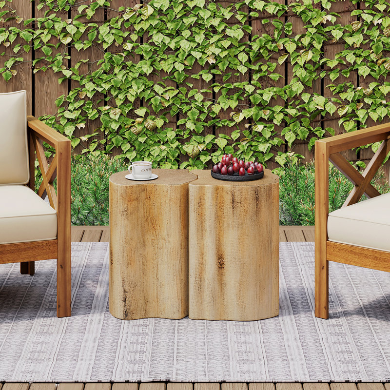 2-In-1 Irregular Mgo End Table, Split Design, Small Space Friendly,Indoor Outdoor Use,Natural Color, Brown