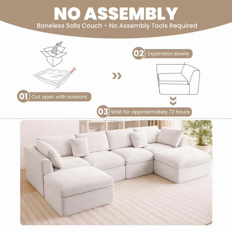 109" Comfy Cloud Couch Modular Boneless Sectional Sofa For Living Room, Modern Sofa Sleeper, Wide & Deep Couches With Storage Ottoman
