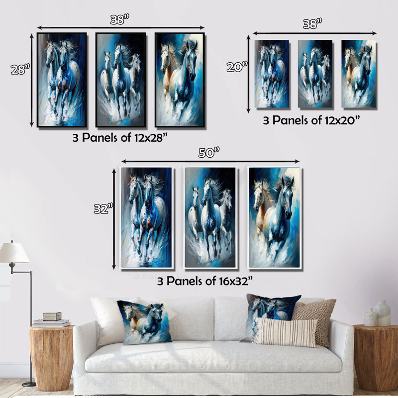 3 pièces sur toile - Chevaux qui courent, Blanc, H 28 po x l 36 po