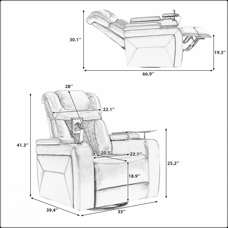Fauteuil inclinable électrique en cuir PU 270 degrés avec port USB, porte-gobelet et plateau pour un confort ultime