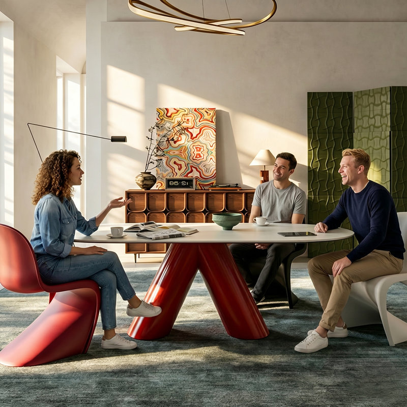 70.47" Modern Oval Marble Dining Table with Sculptural Red Stainless Steel Base for 6-8 People