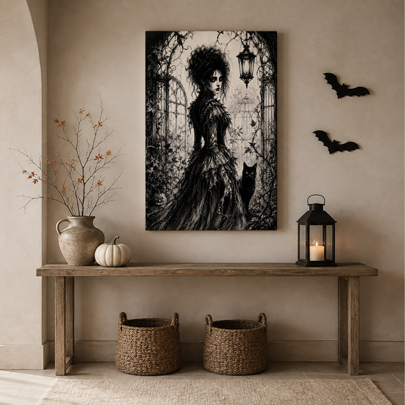 «Gothic Woman in Vines with Black Cat», art mural sur toile, H 48 po x l 36 po