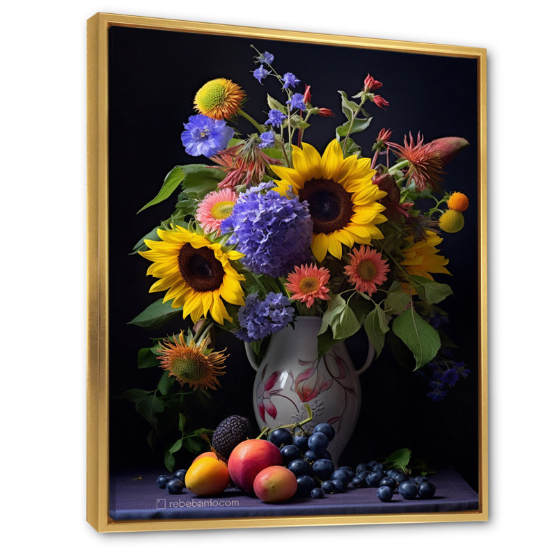 Nature morte avec des tournesols dans un vase - reproduction sur toile, H 32 po x l 16 po x P 1 po, Cadre flottant doré