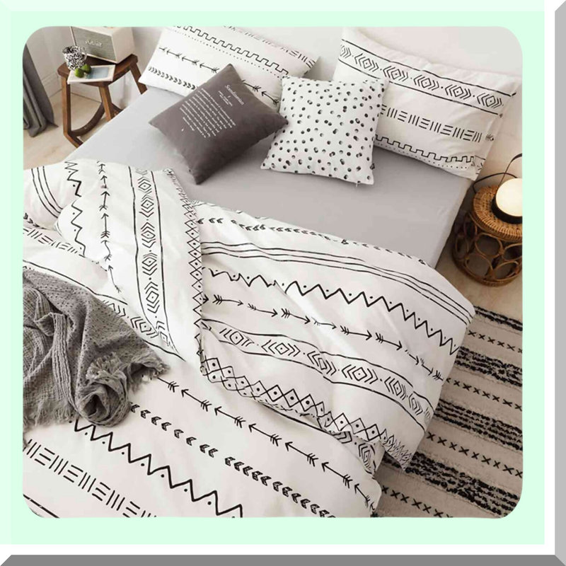 Geometric Farmhouse Stripe Duvet Set - Soft Boho Neutral Quilt Cover - Lightweight Microfiber Comforter - Patterned Bedding