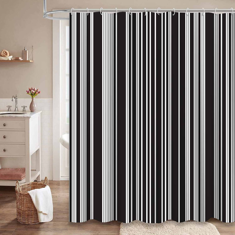 Rideau de douche blanc à rayures noires sans couture avec 12 crochets, L 72 po x l 72 po