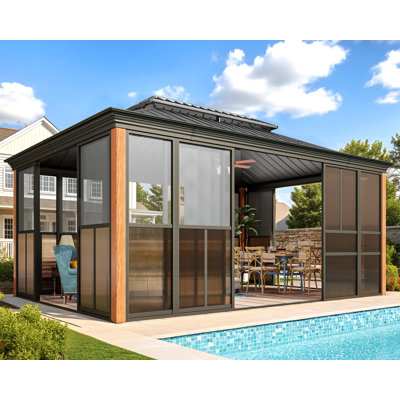 10' X 12' Sunroom, Gazebo With Lockable Doors & Wood Grain Appearance, Solarium For Backyard Patio