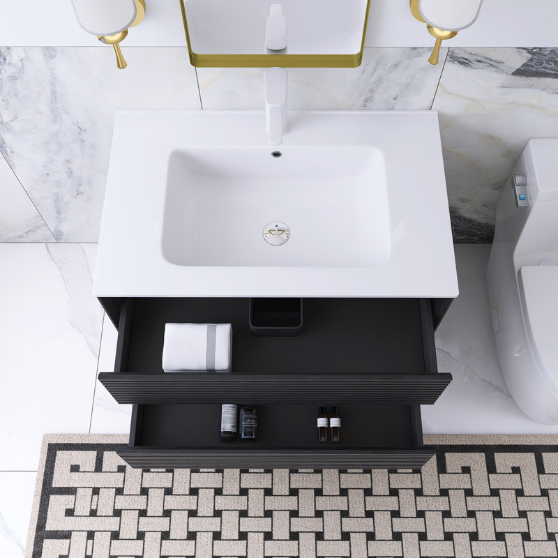 30 po W Meuble-lavabo mural simple en chêne foncé avec lavabo blanc
