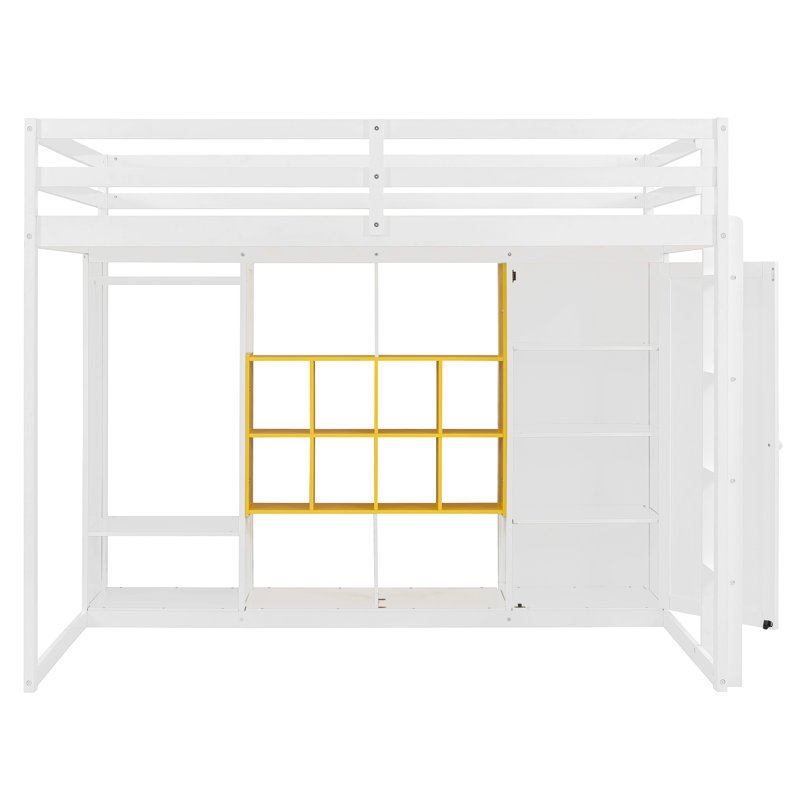 Full Size Wooden Loft Bed with Wardrobe, Shelves & Cabinet – Space-Saving Kids & Teen Bedroom Furniture, White+Yellow, Full