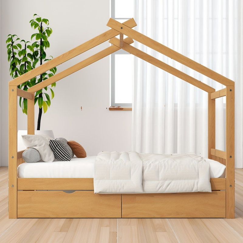 Lit plateforme double pleine grandeur (conception de toit) - tête de lit / pied de lit, 2 tiroirs de rangement, sécuritaire pour les enfants, facile à assembler - naturel
