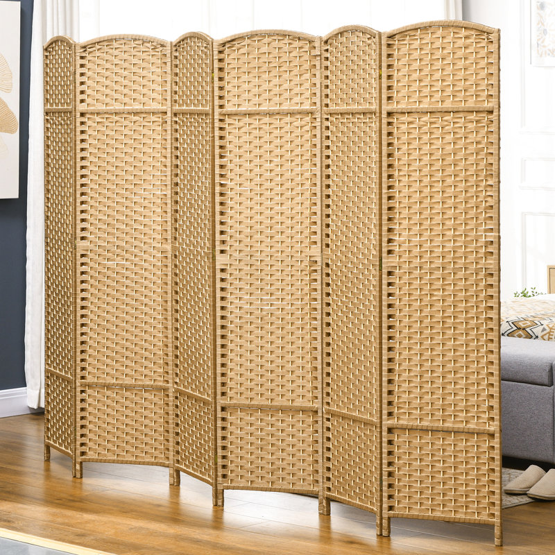 Cloison pliante à 6 panneaux, 1,70 m de hauteur, en toile tissée à la main. Bois naturel. Parfait pour les chambres et le bureau.