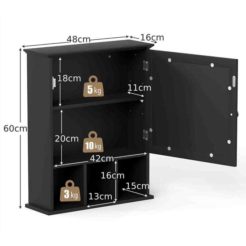 480mm W 600mm H Wall Mounted Required Framed Medicine Cabinet With Mirror And Adjustable Shelf, Black