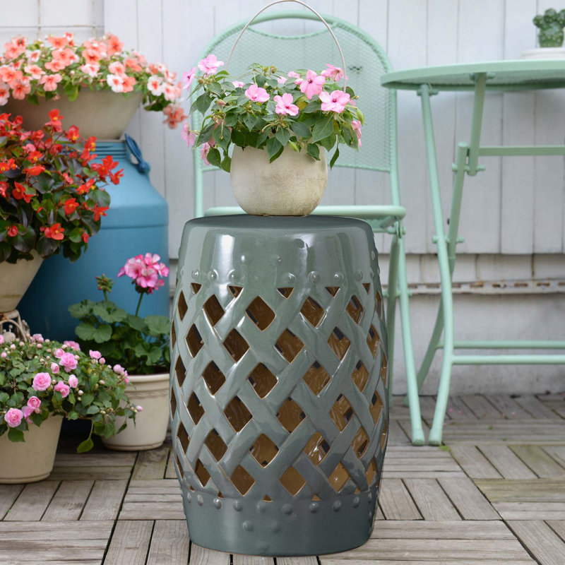 Outsunny 13" X 18" Ceramic Garden Stool With Woven Lattice Design & Glazed Strong Materials Decorative End Table, Green