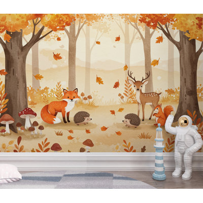 Papier peint aquarelle d'automne avec des animaux de la forêt | Murale Cozy Fall Forest Nursery | Décoration pour enfants Fox Deer Squirrel | Art chaleureux