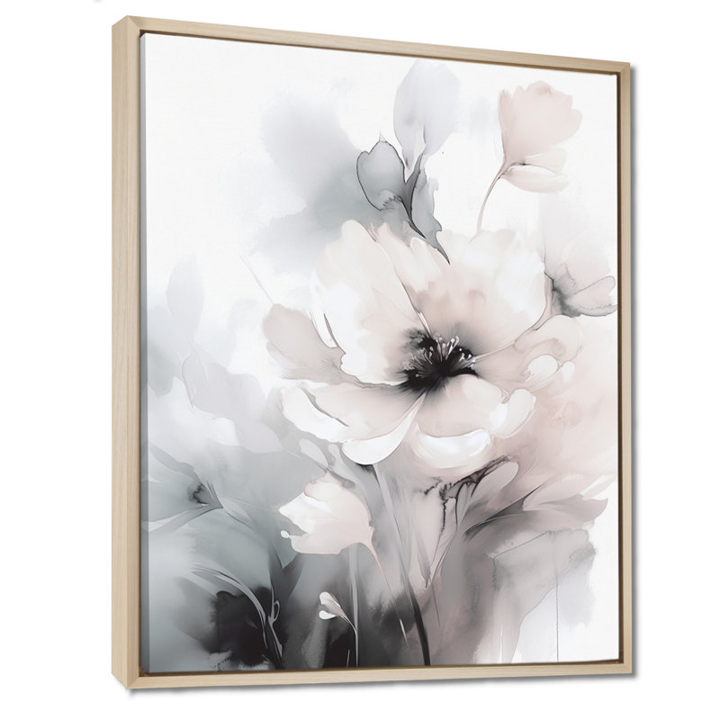 Douces fleurs gris clair I - art mural floral, H 32 po x l 16 po, Cadre flottant en érable
