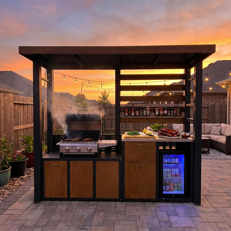  Cuisine d'extérieur avec abri grillagé 103,3 "avec abri grill 50,2", comptoir et rangement en acier inoxydable, Natural