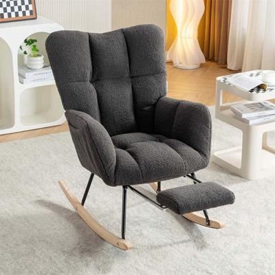 Teddy Fabric Leisure Rocking Chair with Adjustable Footstool, High Backrest, and Storage Pocket, Solid Wood and Metal Base