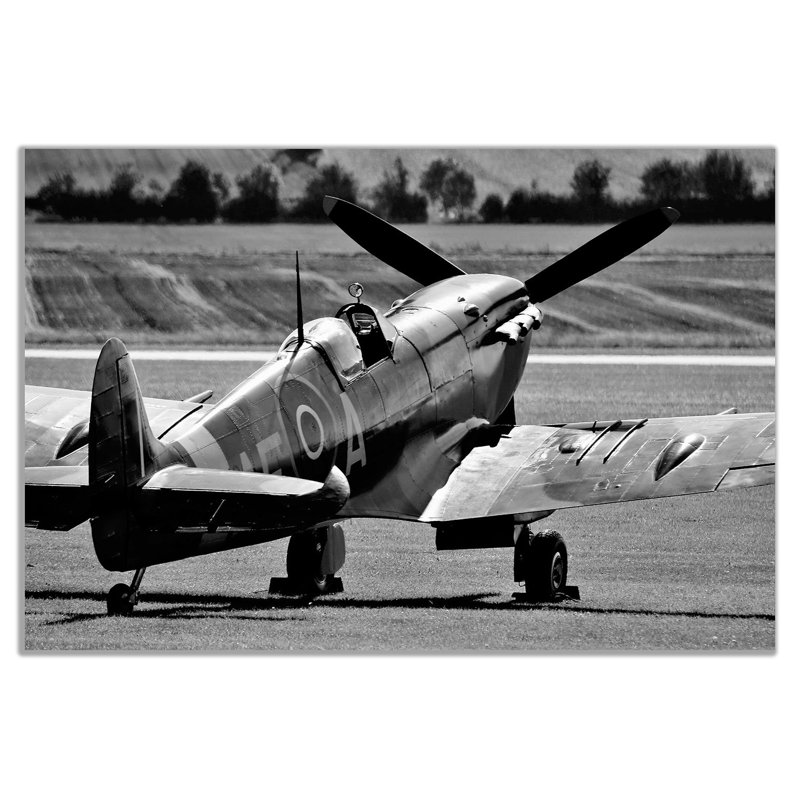 Black White Raf Spitfire Aircraft - Wrapped Canvas Print, 20cm H x 31cm W