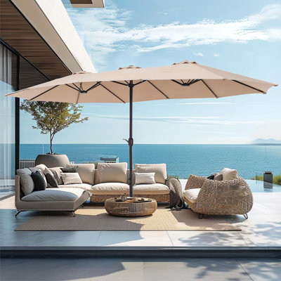 5FT Double-Sided Rectangular Patio Umbrella Matched With Base And Stand, Large Coverage In Beige Tone, Perfect For Poolside, Lawn And Backyard Sun Shelter.