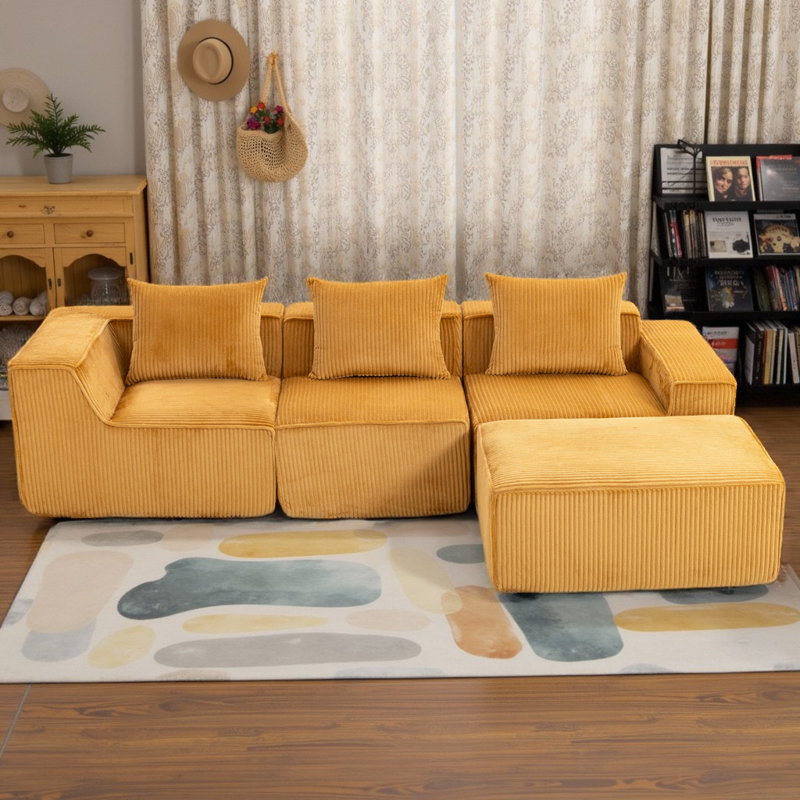 Canapé modulaire en L avec repose-pieds Corduroy Boneless, Velours côtelé orange