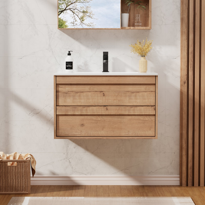 Jadaya Sharee 30" Modern Wall mounted Bathroom Vanity Set with Sink Top, Faucet, Floating Cabinet, EPA Certified, Oak