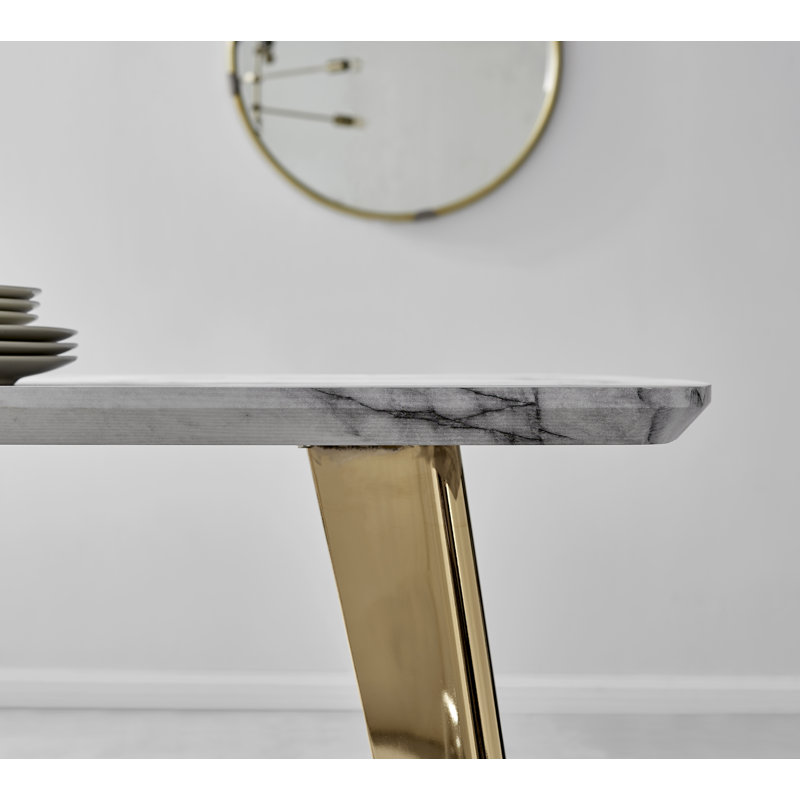 Anders Modern High Gloss Marble Effect Dining Table Set with 6 Luxury Faux Leather Dining Chairs, Black/Gold, Gold