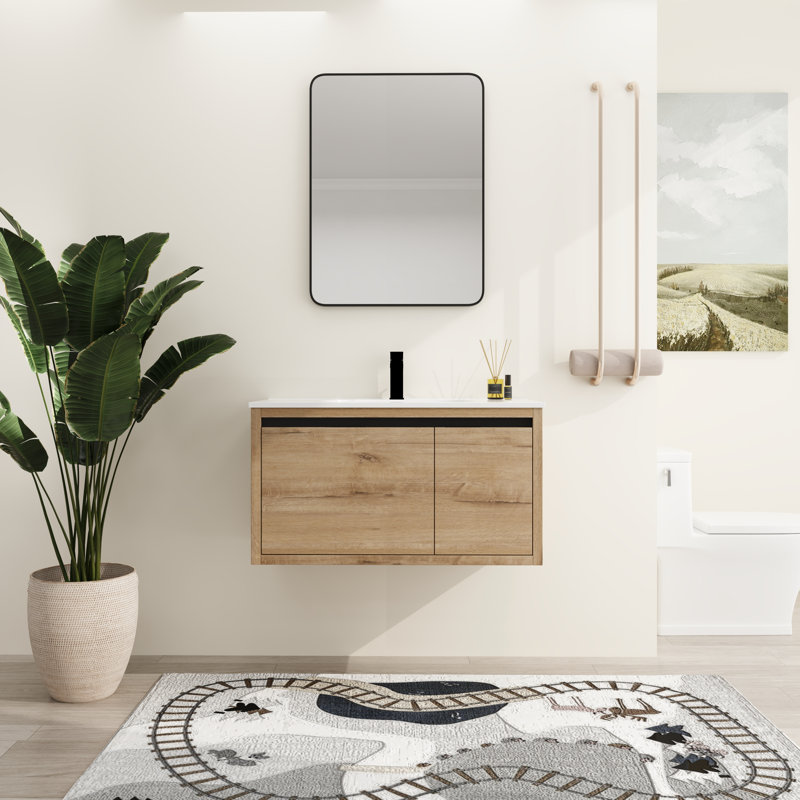 Kaihyan 36''Single Sink Floating Bathroom Vanity,Floating Vanity with 1 Door and 1 Drawer, White Resin Sink Top, Light Brown
